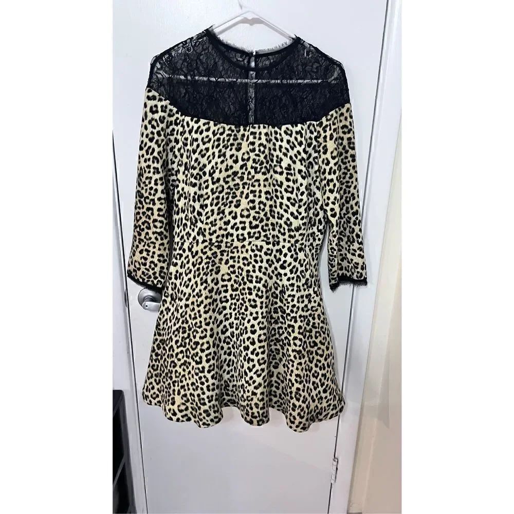 Zara Women's Leopard 3/4 Sleeve Contrast Lace Skater Dress Cream Black Size XL